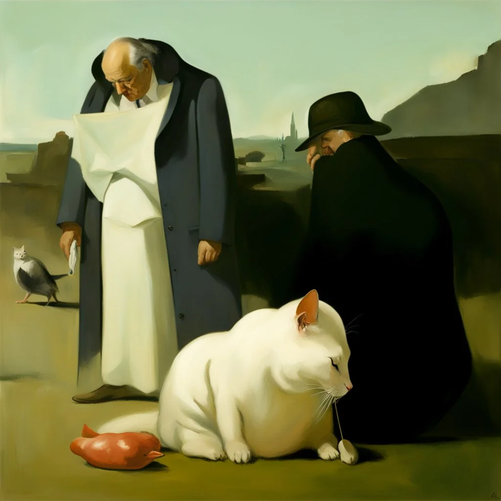 UN conference,a cat and human flesh-like surgical instruments and universe-like a pigeon and neuralink, surrealism,minimalism,Painting By Adrian Ghenie, Rene Magritte, Salvador Dali, Lucian Freud