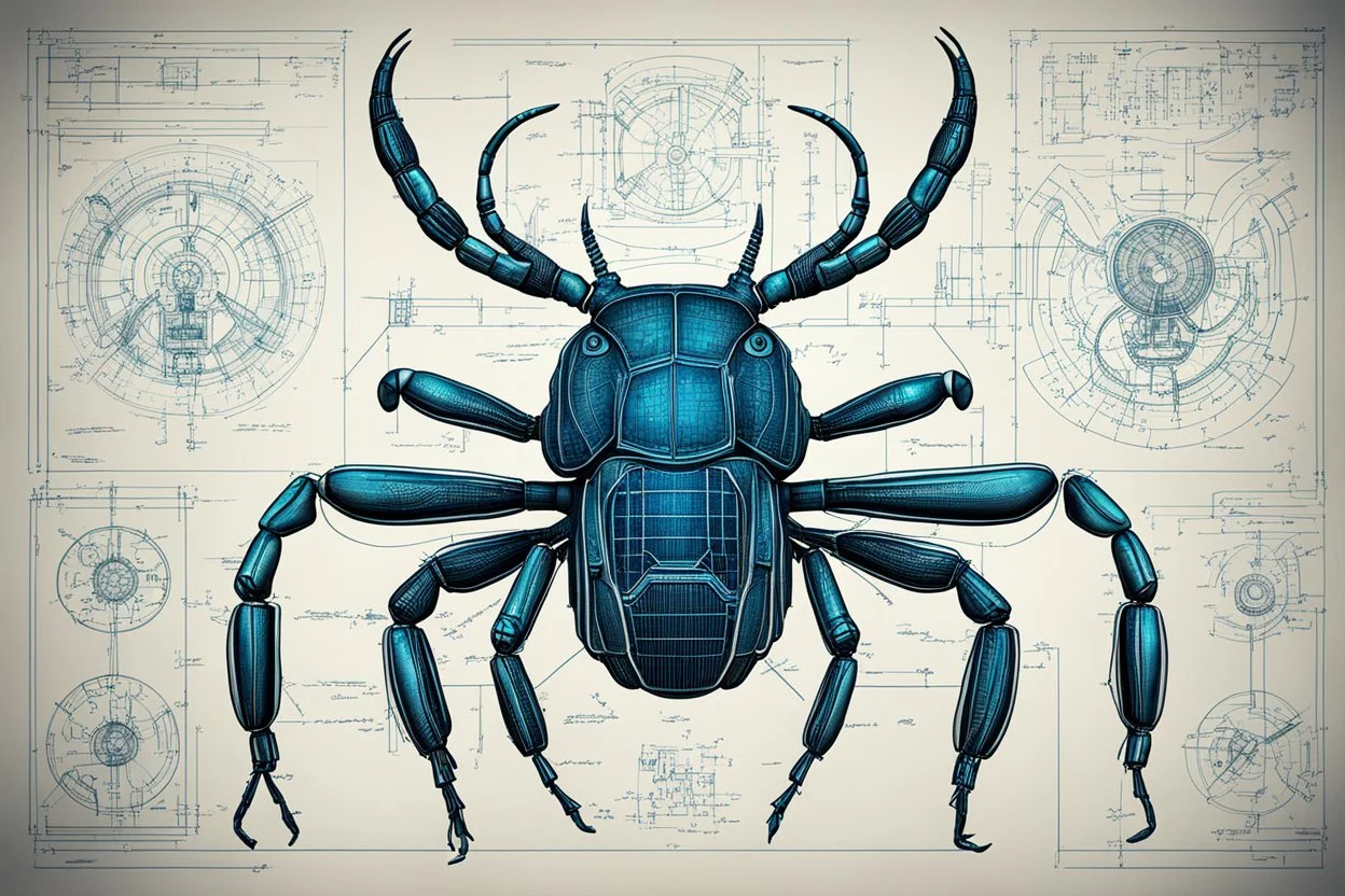 Hand drawn illustration , with detailed blueprints and engineering schematics of dark cybernetic Stag beetle, with highly detailed facial features, detailed drawings, and technical notation, 8k