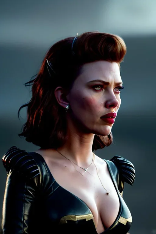 Scarlett Johansen as evil queen in black leather gown, cleavage, angry, stern look, unreal 5, octane render,cinema4d, dynamic lighting, dramatic lighting, 4k, redshift render, highly detailed, hyper realistic