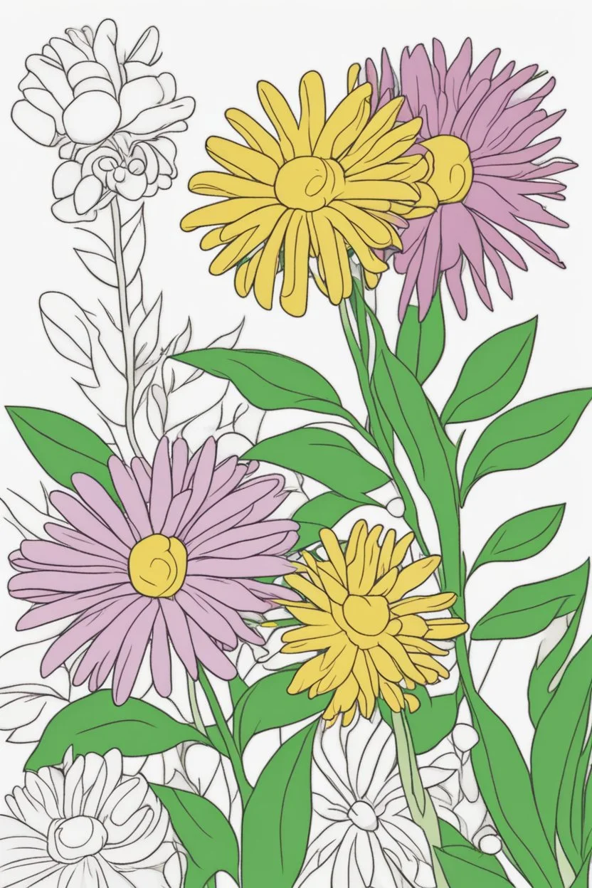 flowers coloring page for kids, aster, cartoon style, thick outline, low details, no shading, no color