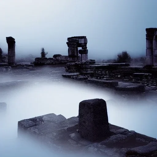 ancient ruins fog bright colors spotlights UFO night