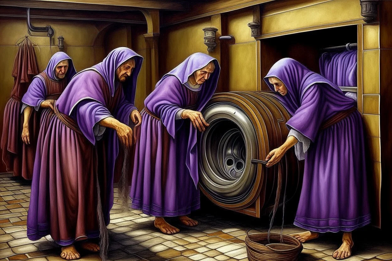 Medieval monks doing their laundry with a modern washing machine but make it a medieval oil painting by Leonardo da Vinci make it purple.