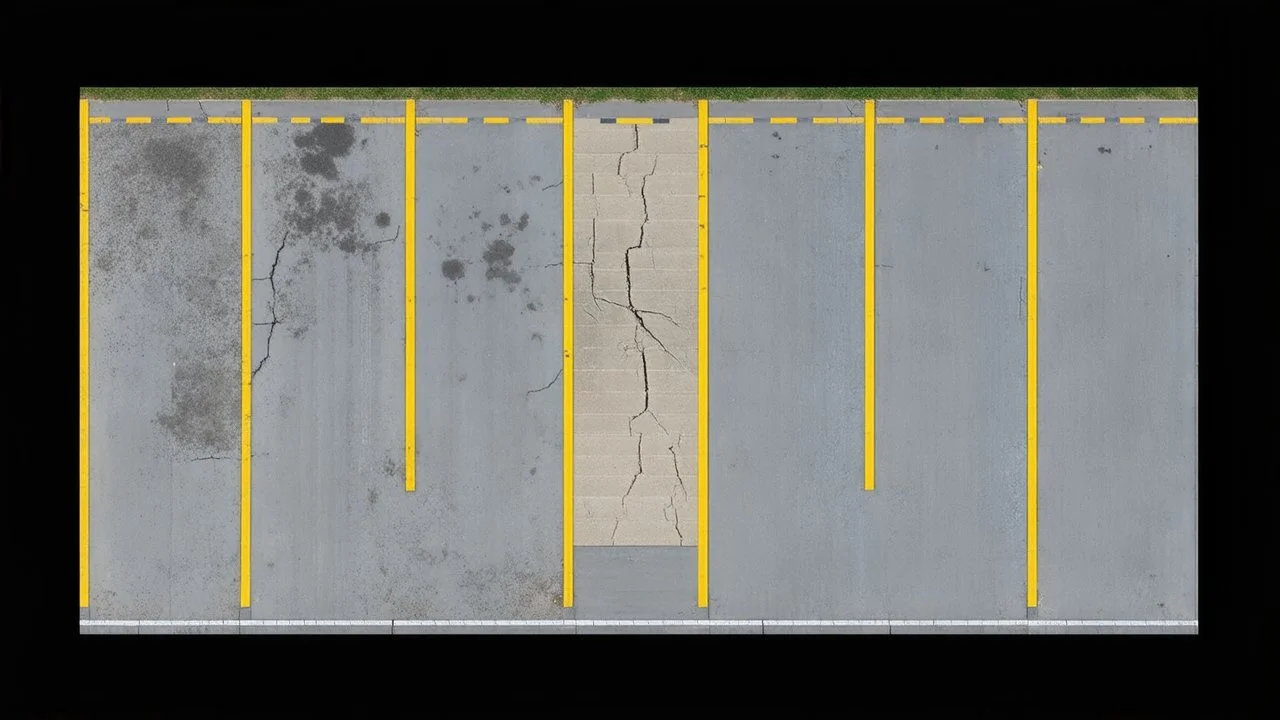 Ground layout for a covered concrete parking lot. Add tire tracks, oil ground stains, cracks and weathering. and make a little darker