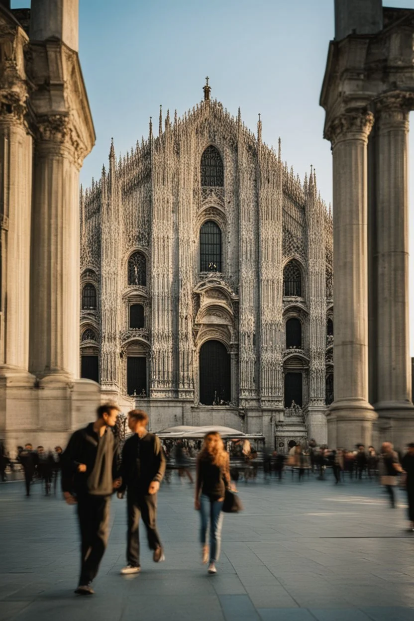 A realistic photo of a Milano in Duomo in the background, a pair of inamorato young people on the street, typically Italian, late evening, last shine of sun. Photo taken by Mamiya M645 camera with low-speed film, highly detailed, wide lens.