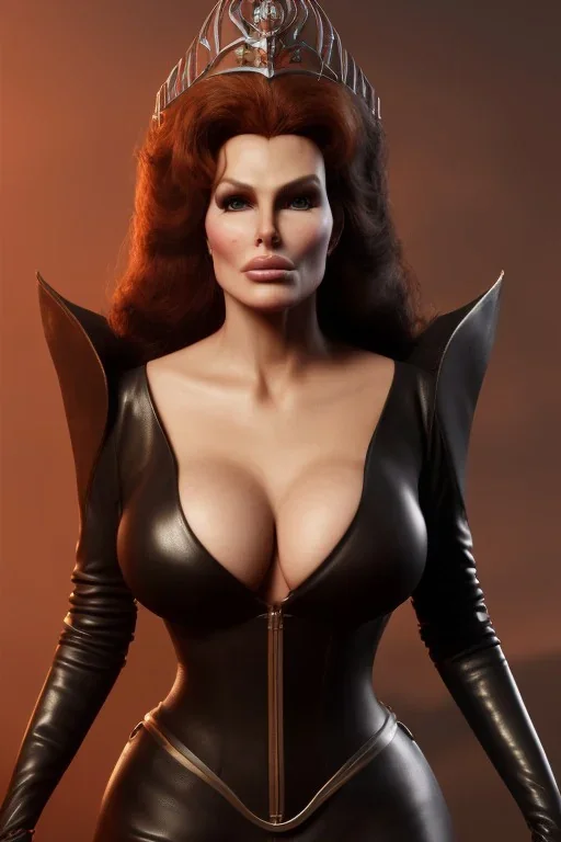 Raquel Welch as evil queen in black leather, leather, busty, cleavage, angry, stern look. character design by cory loftis, fenghua zhong, ryohei hase, ismail inceoglu and ruan jia. unreal engine 5, artistic lighting, highly detailed, photorealistic, fantasy