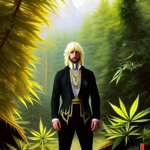 Kyle Rising of Sensi Trails, his handsome and highly detailed white face, long blond hair, gothic, highly detailed, digital painting, highly detailed background of marijuana leaves, artstation, smooth, sharp focus, illustration, art by lisa frank, artgerm and greg rutkowski and alphonse mucha and william adolphe bouguereau, reggae