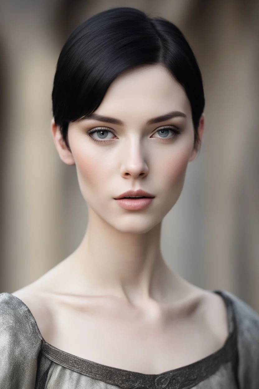 Scandinavian athletically built medieval woman with black short hair, pale skin, pretty lips