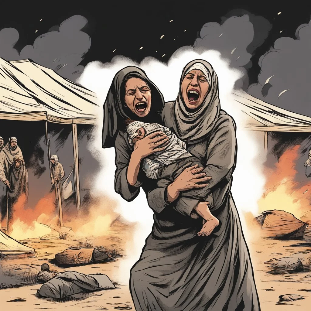 A Palestinian woman wearing the Palestinian dress carries her dead son as she screams and cries at night, with explosions in refugee tents behind her.