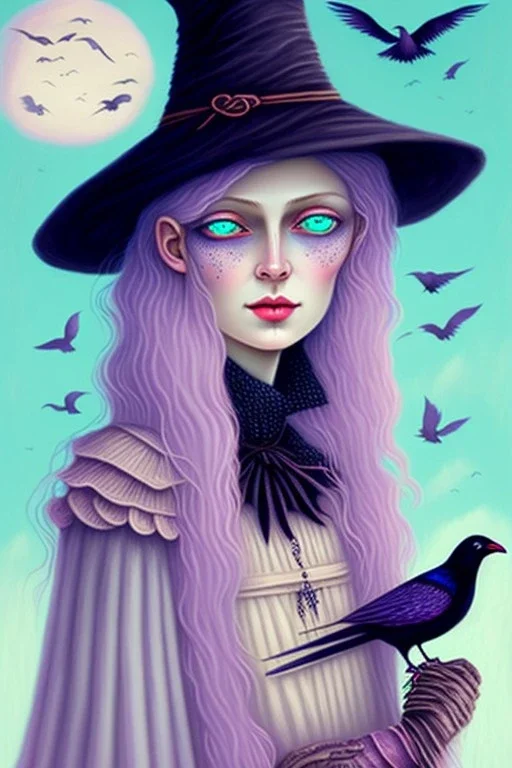 Friendly witch, playing with crows, perfect eyes, pastel colour, chalk, style Elisabeth Kreitz