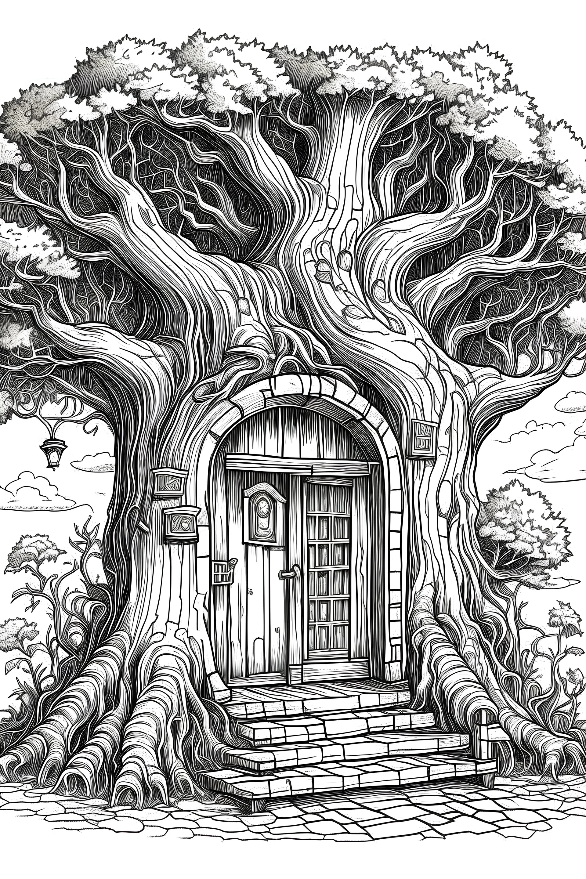 outline art, a cozy abode nestled within the hollow of a massive ancient tree. The entrance is a wooden door with intricate carvings, and the interior is furnished with natural elements like leafy curtains and bark furniture, only black outline, clear line art, white background, no shadows, no tones color, no detailed artwork, clear and well outlined.