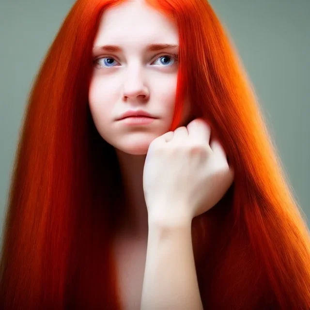 face of a young woman head and gaze downcast with fine features and long red hair