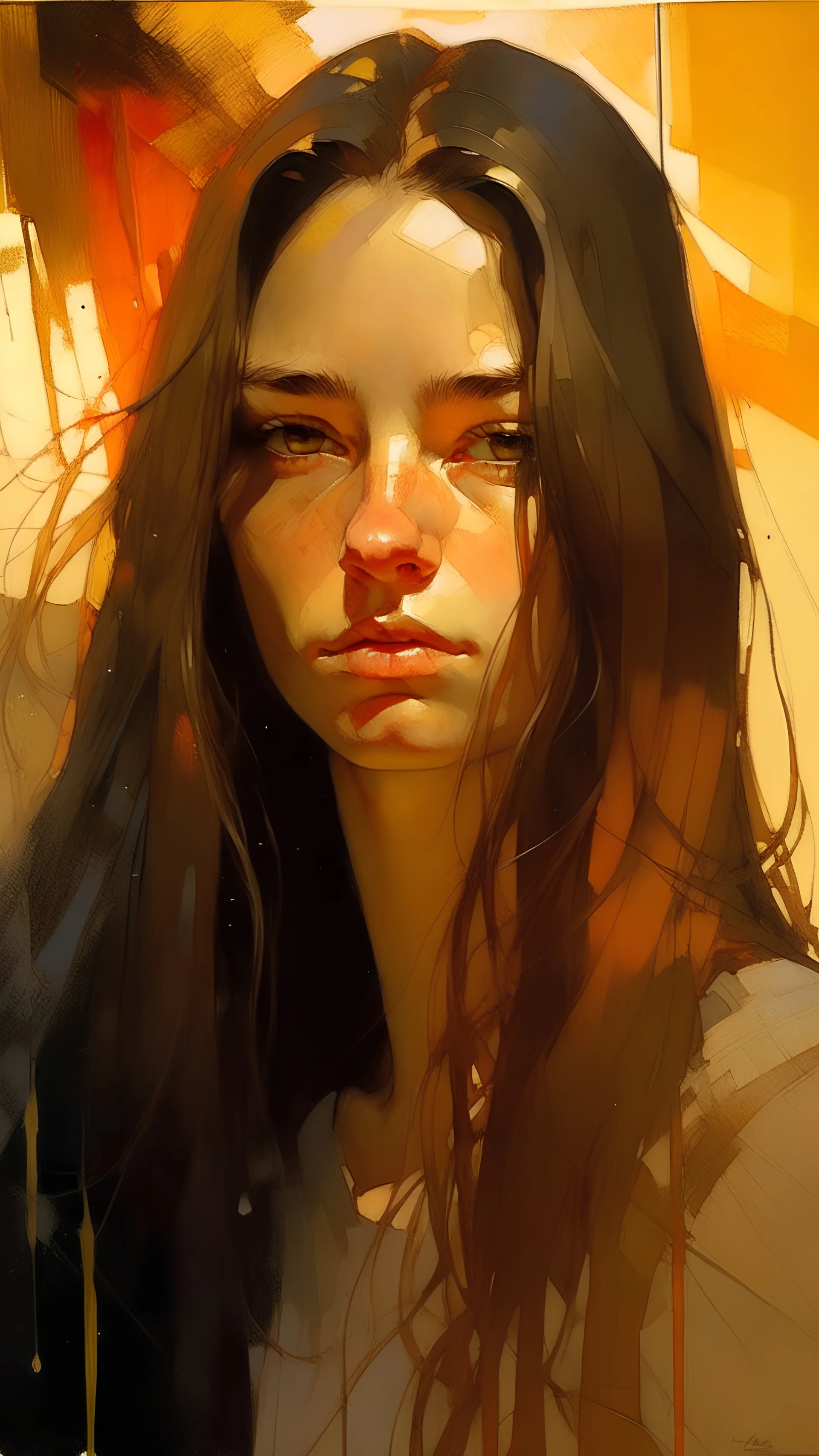 A Breathtaking Painting Depicting A Portrait Of A Young Woman With Long Hair And Captivating Eyes In Sunlight By Alex Maleev, And Miles Johnston, Elegant And Emotive Facial Expressions, Incorporating Delicate Washes And Mesmerizing Warm Tones, Truly Masterpiece Of Art, Golden Hour, Masterpiece, Alluring Expression, Intricate Artwork