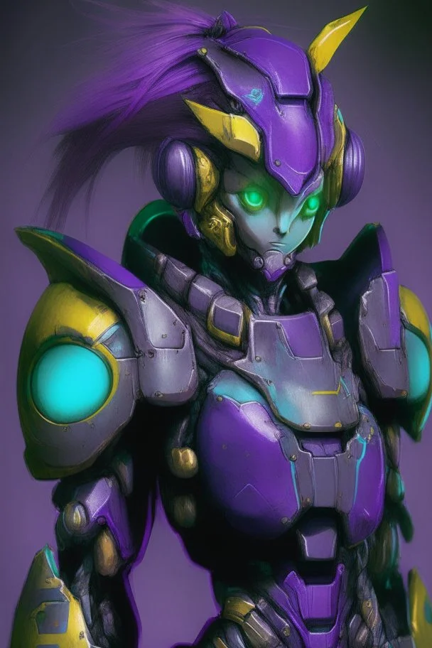 One Genderless Cyborg made of old rusted metal, has a human like face with a really long violet ponytail, the armor is similar to Zero from Megaman. The color palatte of the armour is deep purple and yellow. They have Turquoise colured eyes. The Background is dark grey.