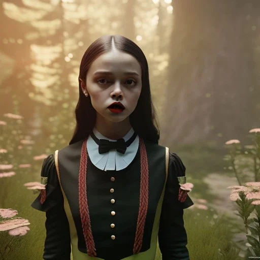 Full body, 3d render,Jenna Ortega, Wednesday addams 1800's women style, 1800's hair style, 1800's women clothes style, hyper realistic, octane render, unreal engine 5, 8k, palace background, uhd