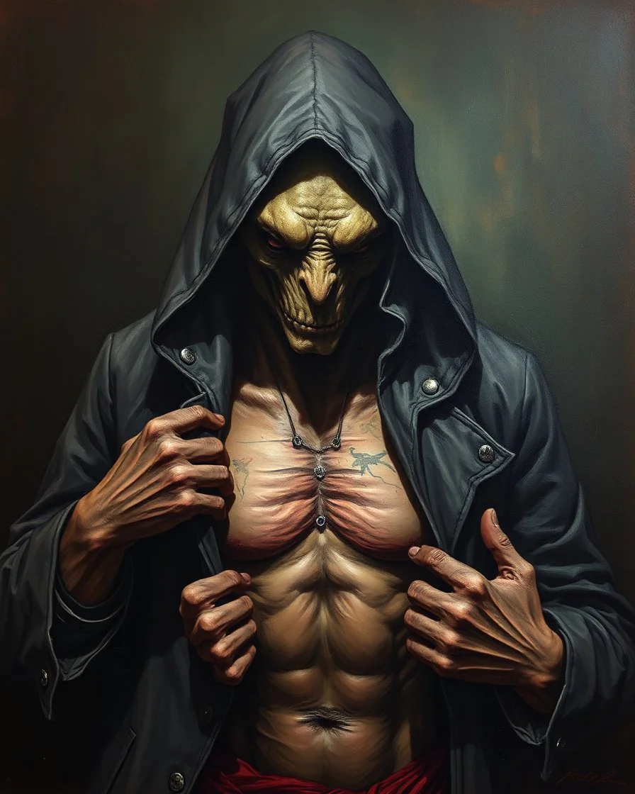 Bosch painting style , a dark hooded creature open his jacket showing his chest