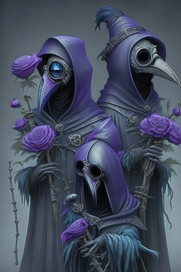 Undead minions of the Silvered Rose, wear long black robes, with a purple rose symbol, leather plague doctor masks with beaks and pale blue lenses