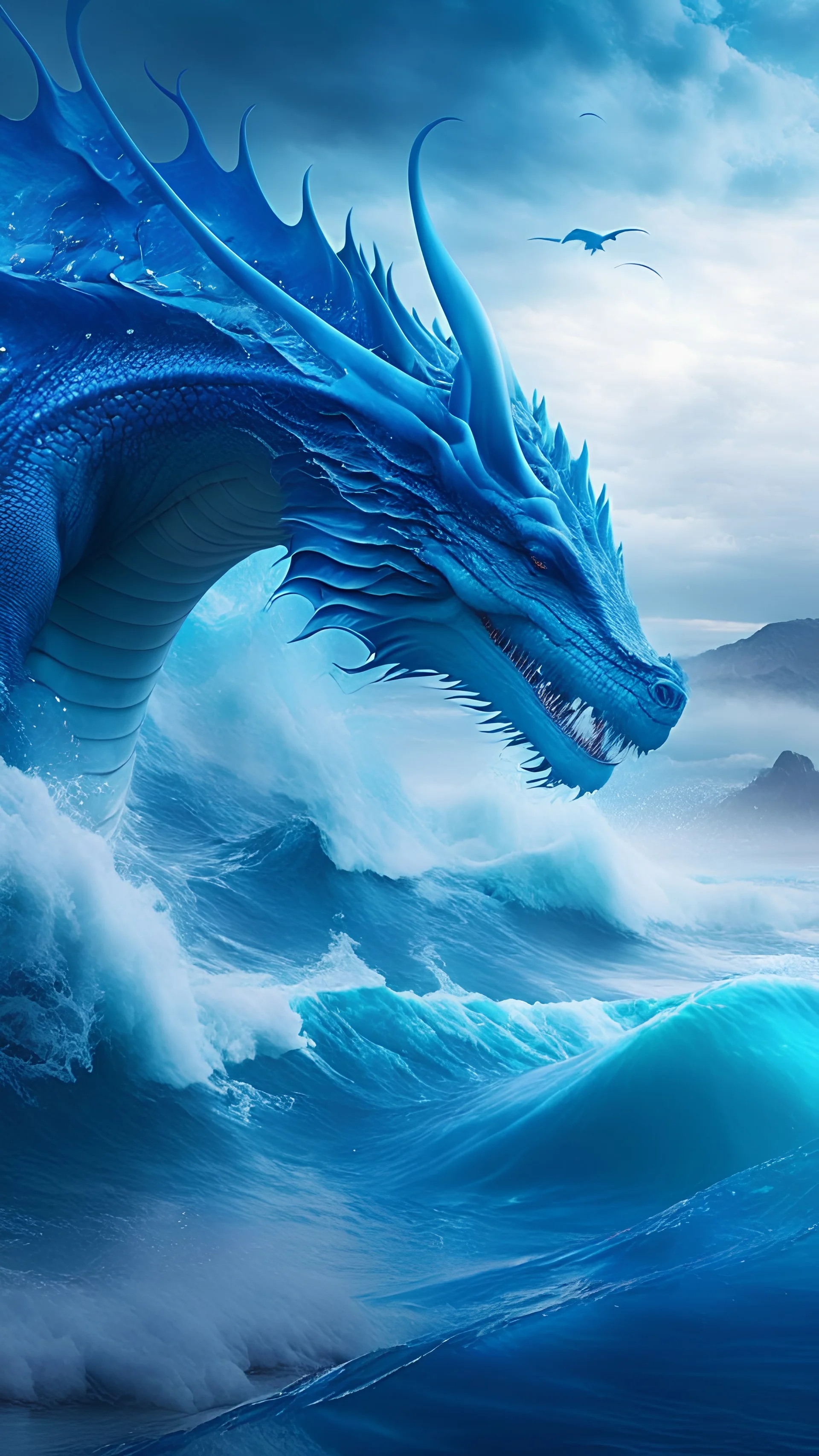 Gargantuan blue dolphin dragon merged with the ocean waves, blue fog rising