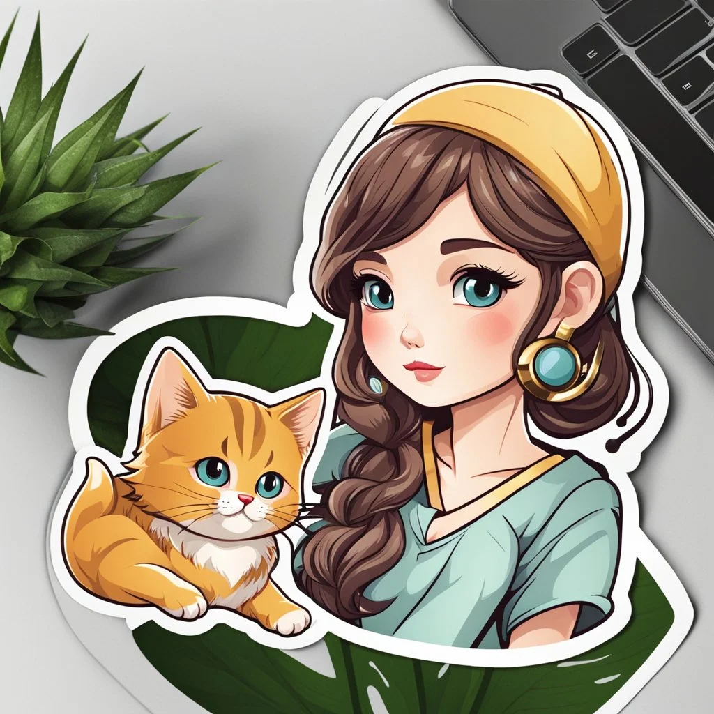 very beautiful sticker like realistic cartoon girl with cat