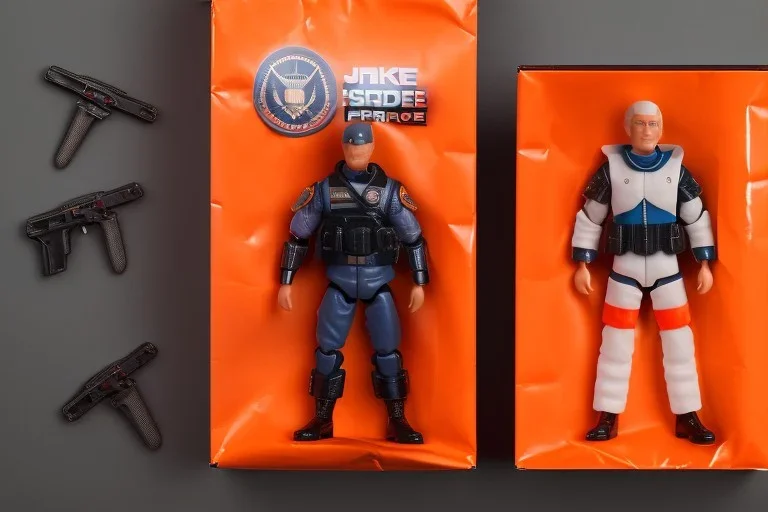 Mike Pence G.I. Joe action figure Space force uniform inside a blister packaging hanging on a Wallrack in toystore, fluorescent orange, toy guns, wide angle shot whole body, black boots, fullsize