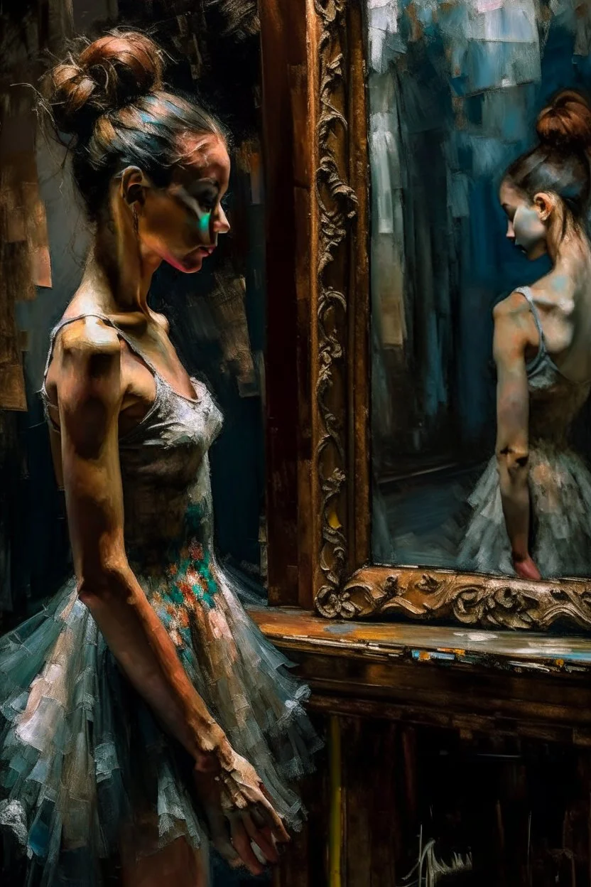 a beautiful ballerina, in a studio, Infront of a mirror, side profile with eyes looking slightly Down, her reflection in the mirror is not looking down like they should, but looking straight at her, scary, dark undertone, 12k, detailed painting, thick impasto and textures with rough brush strokes, chaos background with cracked paint, peeling off