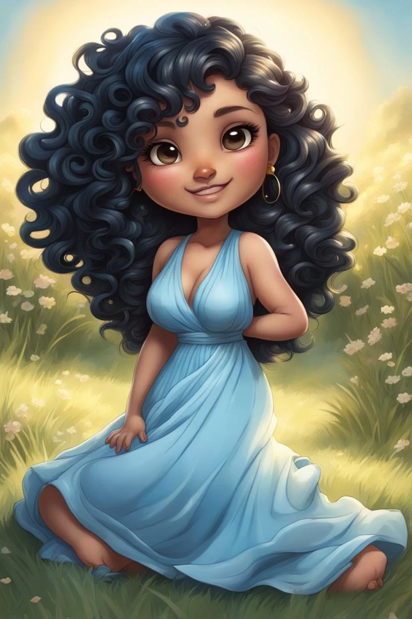 An airbrushed chibi black cartoon of a curvaceous woman with flowing of curly twisted of black hair that's highly detailed, wearing a light blue maxi dress. She sits relaxed on the grass facing the warm sunlight, which illuminates her face as she looks to the side with a small smile, accentuating her prominent makeup and brown eyes.