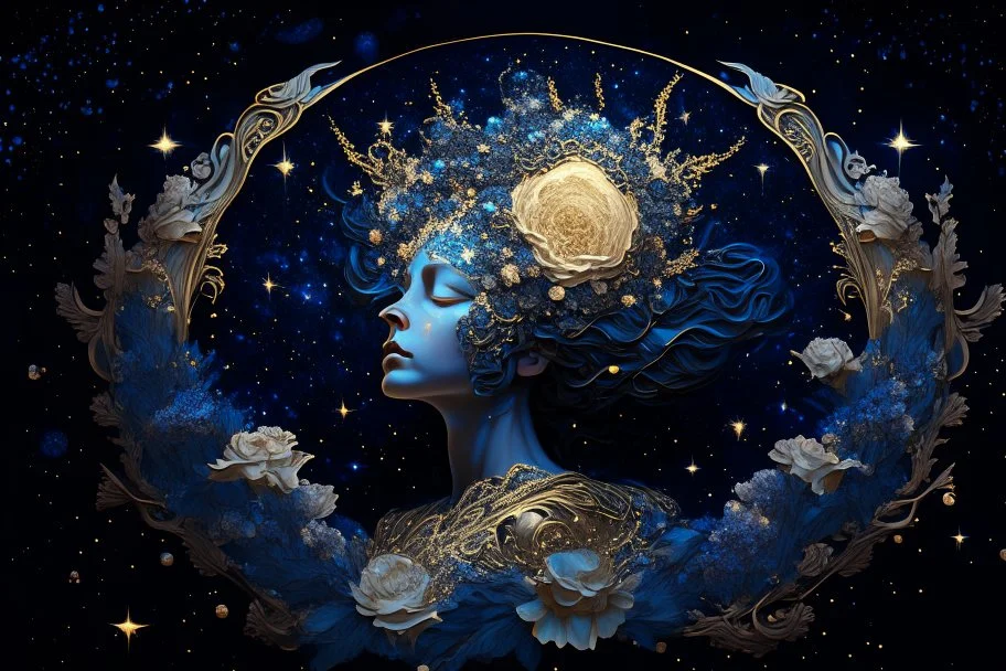 sky in a starry night with glowing meteor showers, ascension of a woman in flower crown decomposing and dissolving into moon, dark - blue black gold beige saturated, ornate baroque rococo art nouveau intricate detail, 3 d specular lighting, cinematic