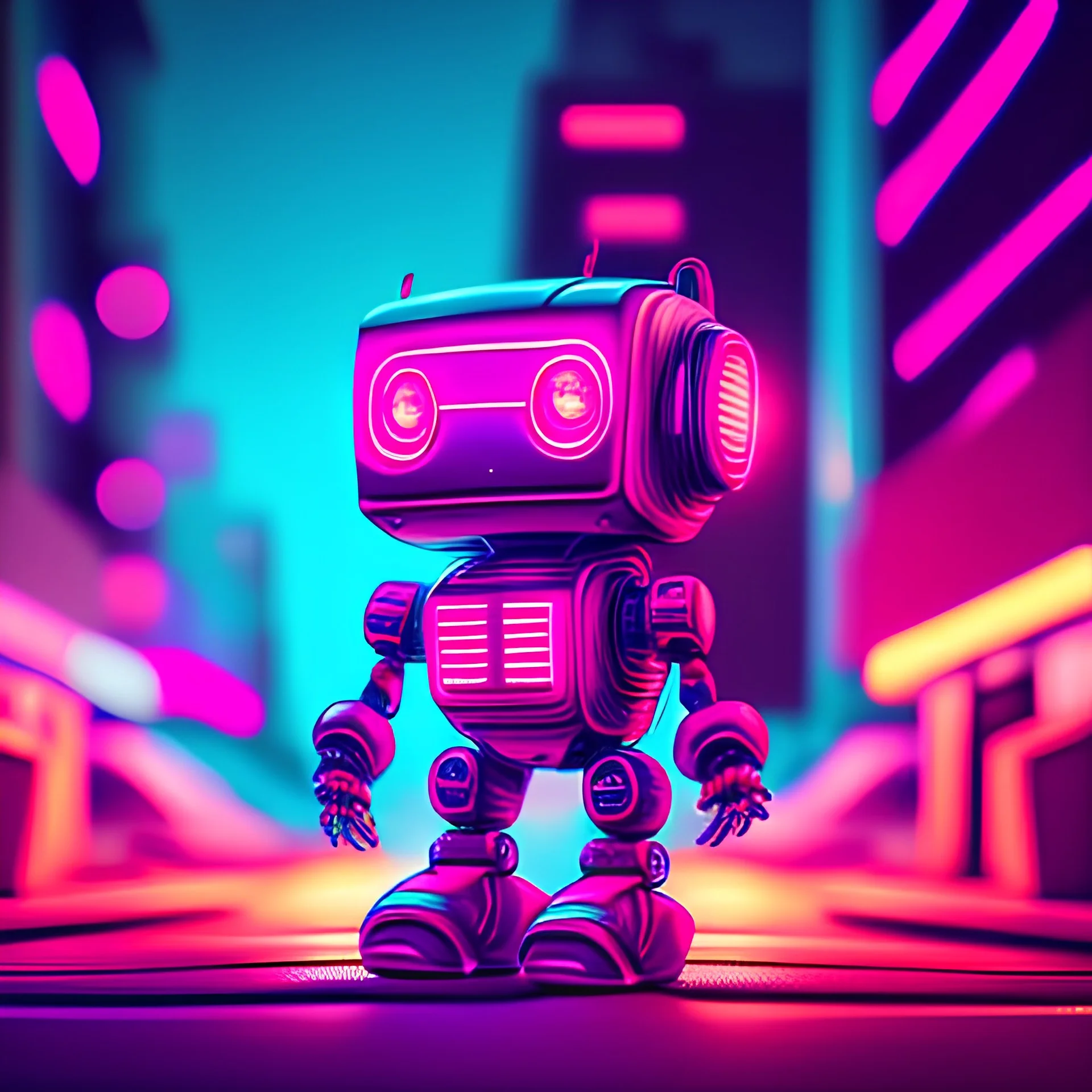 High quality, hyper detailed, 8k, photography, cute happy little robot in a neon lit city, retrowave