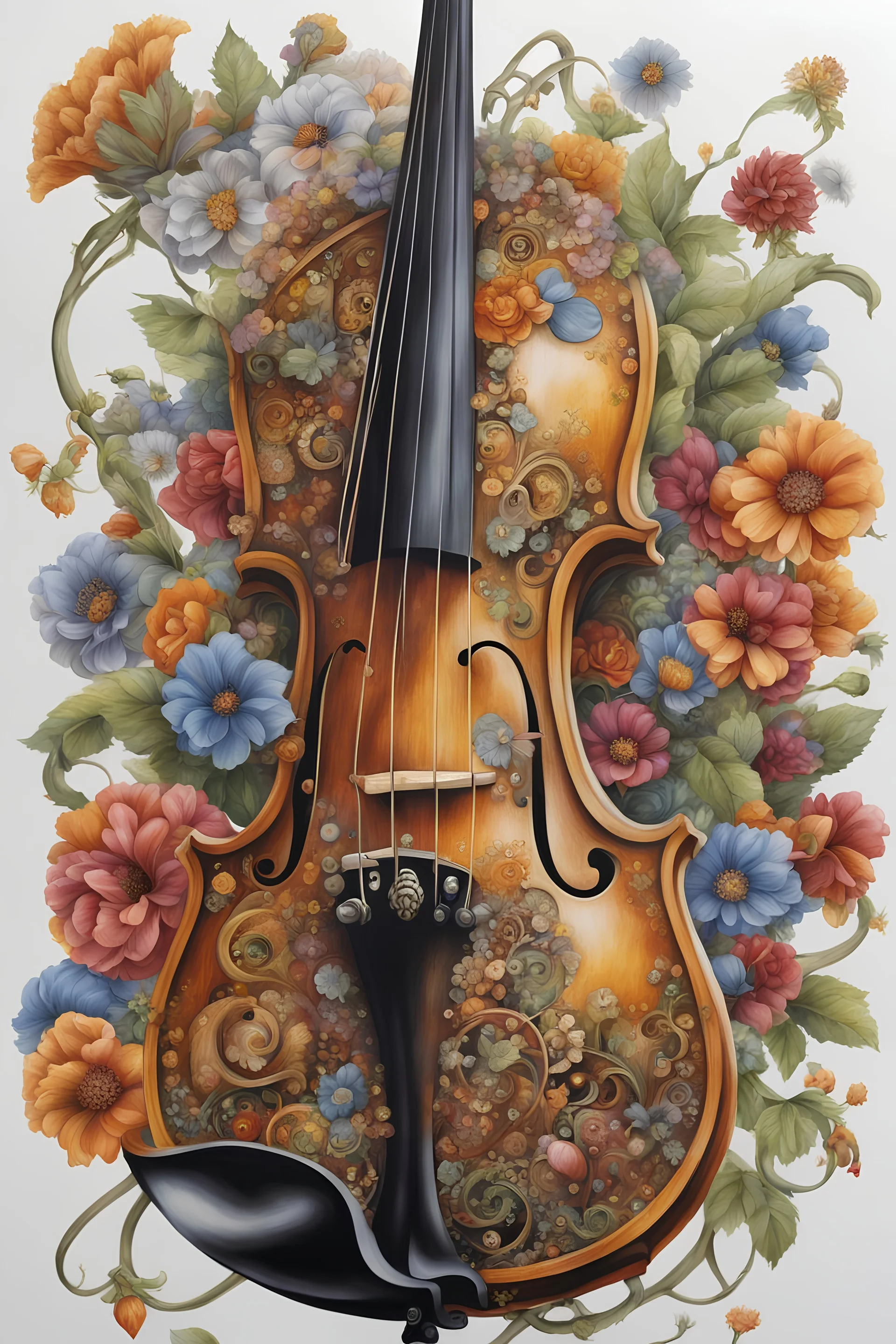 Ultra detailed painting of an intricate detailed steampunk violin, the violin painted in the most intricate detailed colored flowers, rule of thirds, vivid colors, with some splashes on a white background