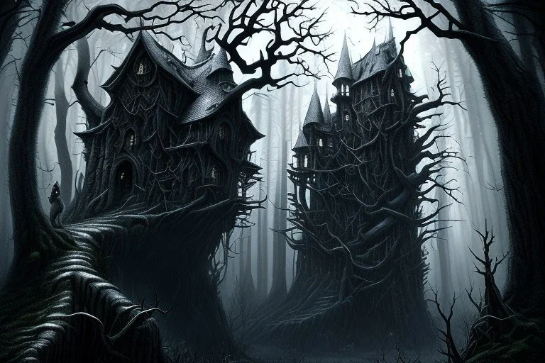  Wednesday Adams, black and white, one tall narrow scary house , pointy roof, cursed trees , dense dark forest, forest background, spiders, bats, bones, Escher style