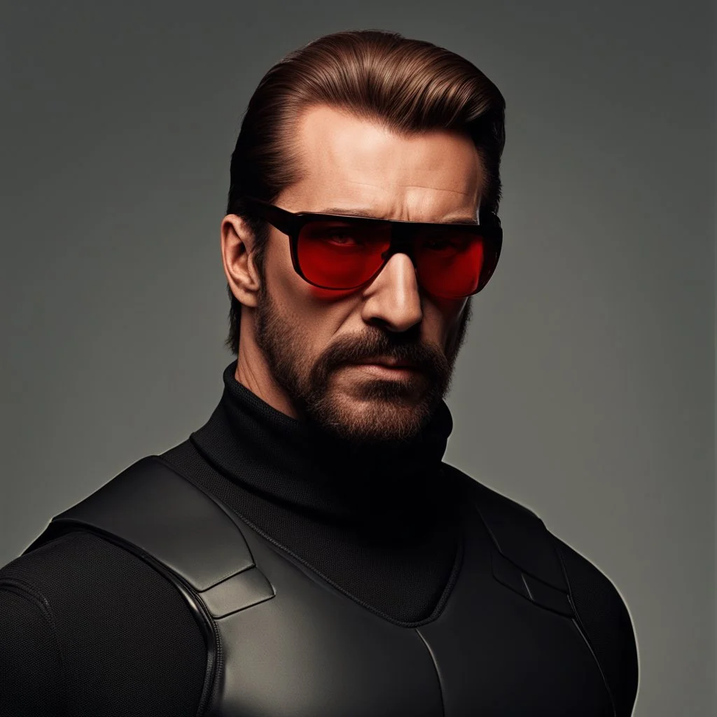 a young man with big muscles who looks like hans gruber wearing a turtleneck and red sunglasses staring with an angry look on his face