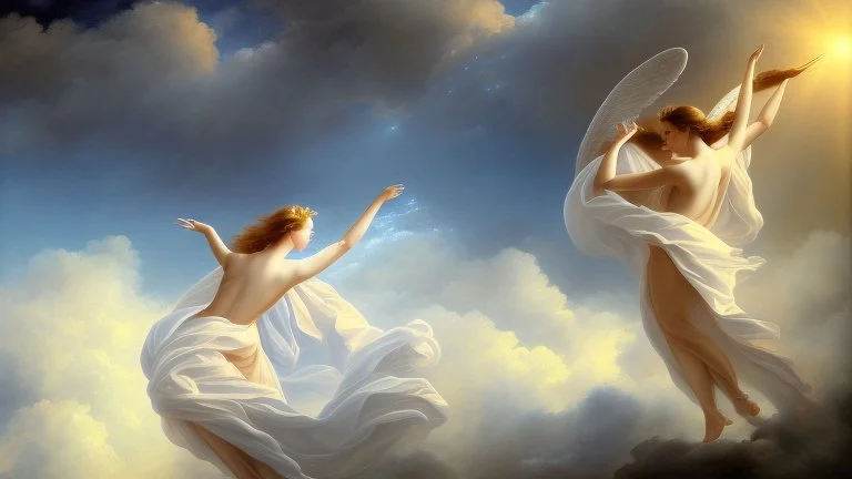 A majestic scene of angelic figures dancing gracefully in a heavenly landscape of snow and billowing clouds,in the Paradise Creation of Adam and Eve