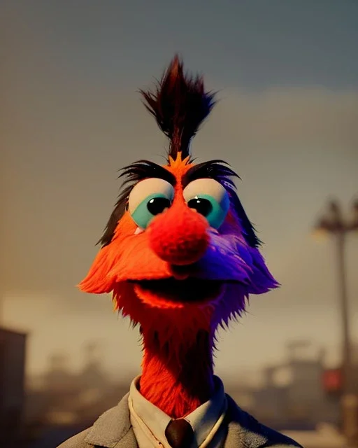 hybrid character, Sesame Street muppet head with body man, police dress, Wes Anderson style, concept art, smooth, unreal engine 5, god lights, ray tracing, RTX, lumen lighting, ultra detail, volumetric lighting, 3d.