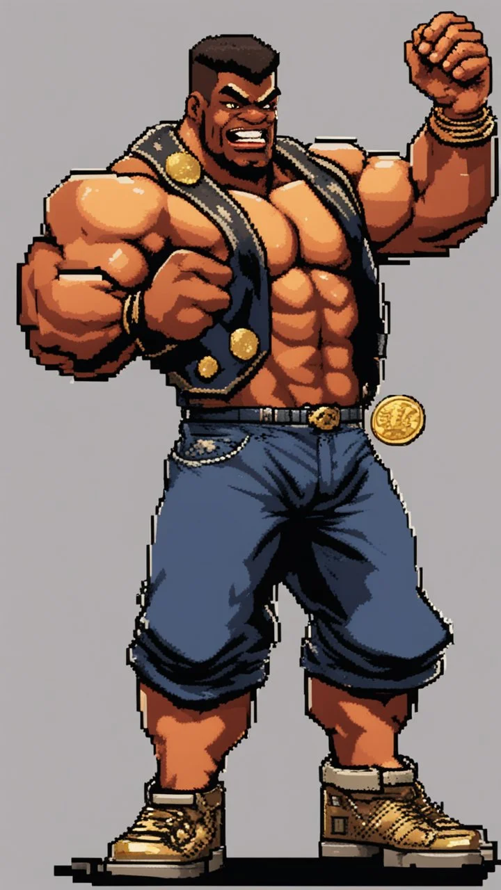 black hunk original pixel art Abobo from double dragon holding up a dog sized golden coin with a print of himself