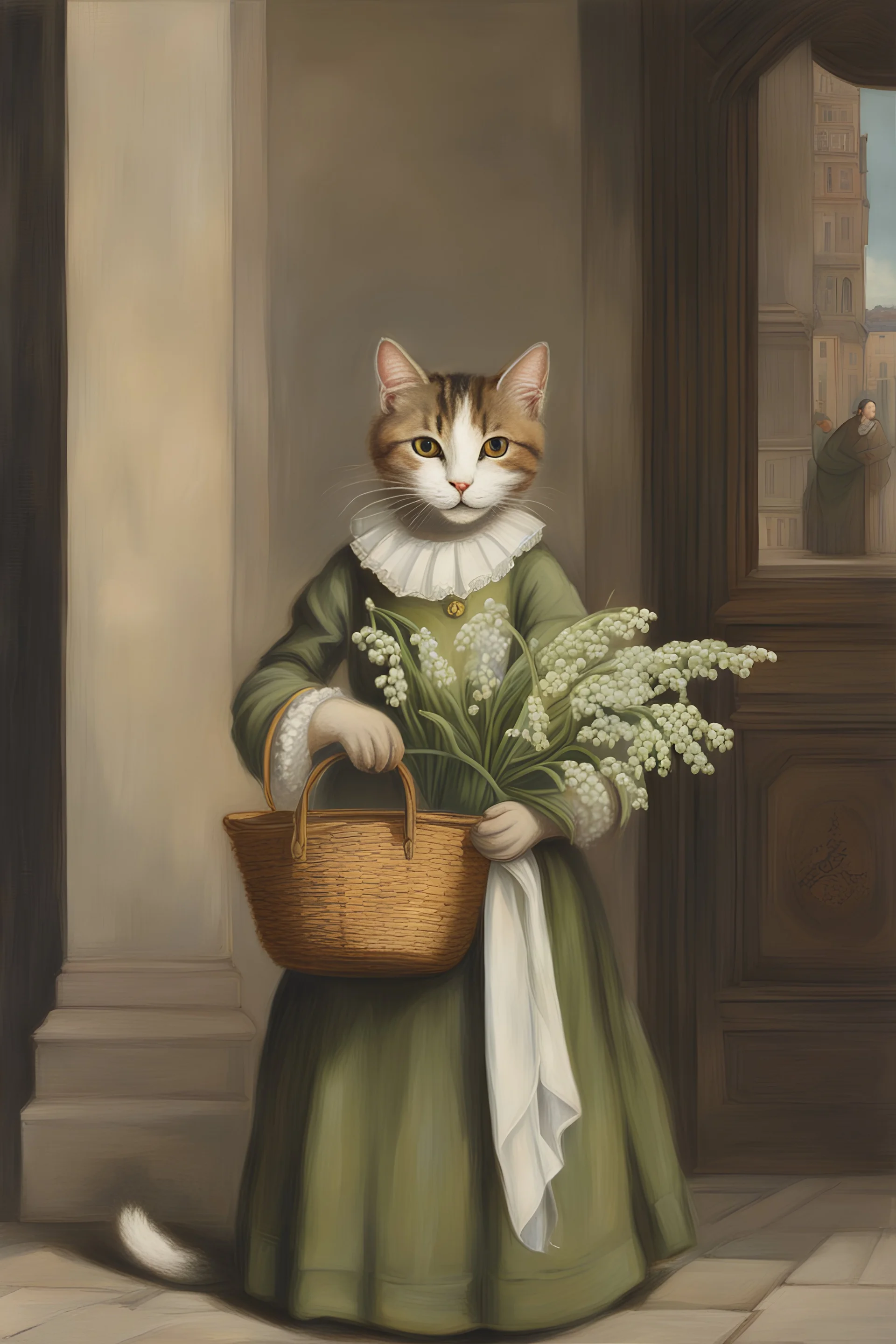 Painting of 1 anthropomorphic dressed female cat selling lily-of-the-valley in Vienna