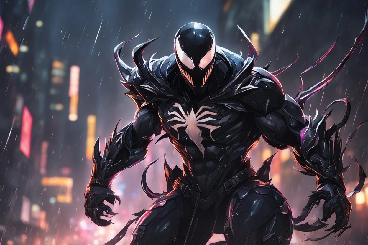 Venom in 8k solo leveling shadow artstyle, white fox them, close picture, rain, Shredder helmet, neon lights, intricate details, highly detailed, high details, detailed portrait, masterpiece,ultra detailed, ultra quality