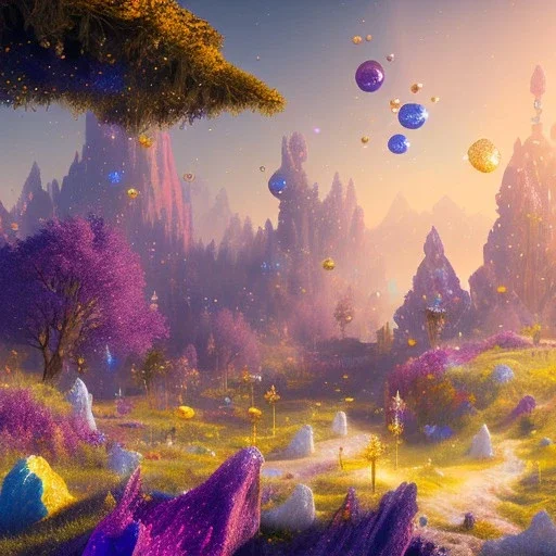 blue gold and violet landscape with multicolored crystals falling from the sky, full of details, smooth, bright sunshine，soft light atmosphere, light effect，colorful, concept art, smooth, extremely sharp detail, finely tuned detail, ultra high definition, 8 k, unreal engine 5, ultra sharp focus