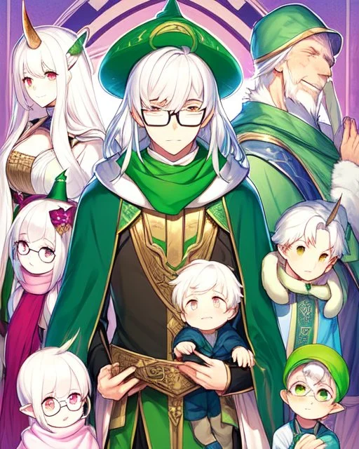 15 year old boy who is a little short, 1.60m tall, wears a long green wizard's outfit, wears a green hat with small horns on it, wears circular glasses, is quite cute, has white hair, wears a pink scarf, her eyes are green and are a bit effeminate