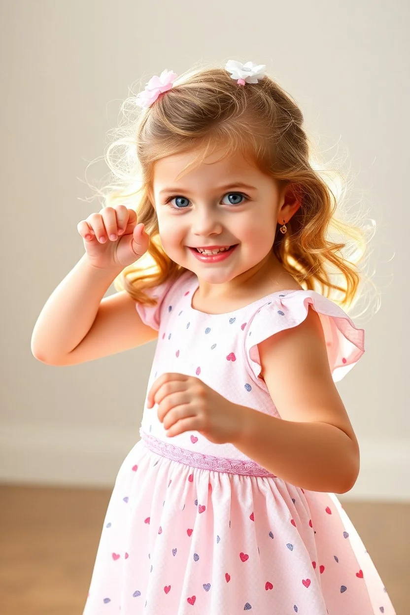 a pretty 5 years old girl with blue eyes and nice dress dancing and playing joyfully fullbody shot