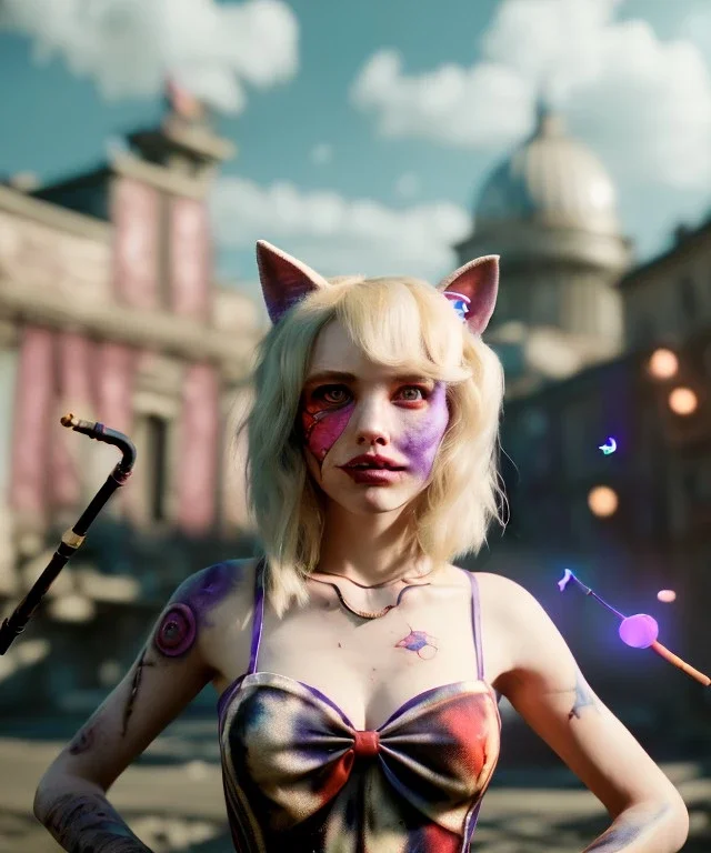 Ultra realistic afternoon photo, happy couple, blonde Alice woman and purple cat smoking a pipe, circus blue dress style, black headband with bow, old school body tattoo, smoke, marihuana garden, glow eyes, perfect iris, soft color, highly detailed, unreal engine 5, ray tracing, RTX, lumen lighting, ultra detail, volumetric lighting, high definition.