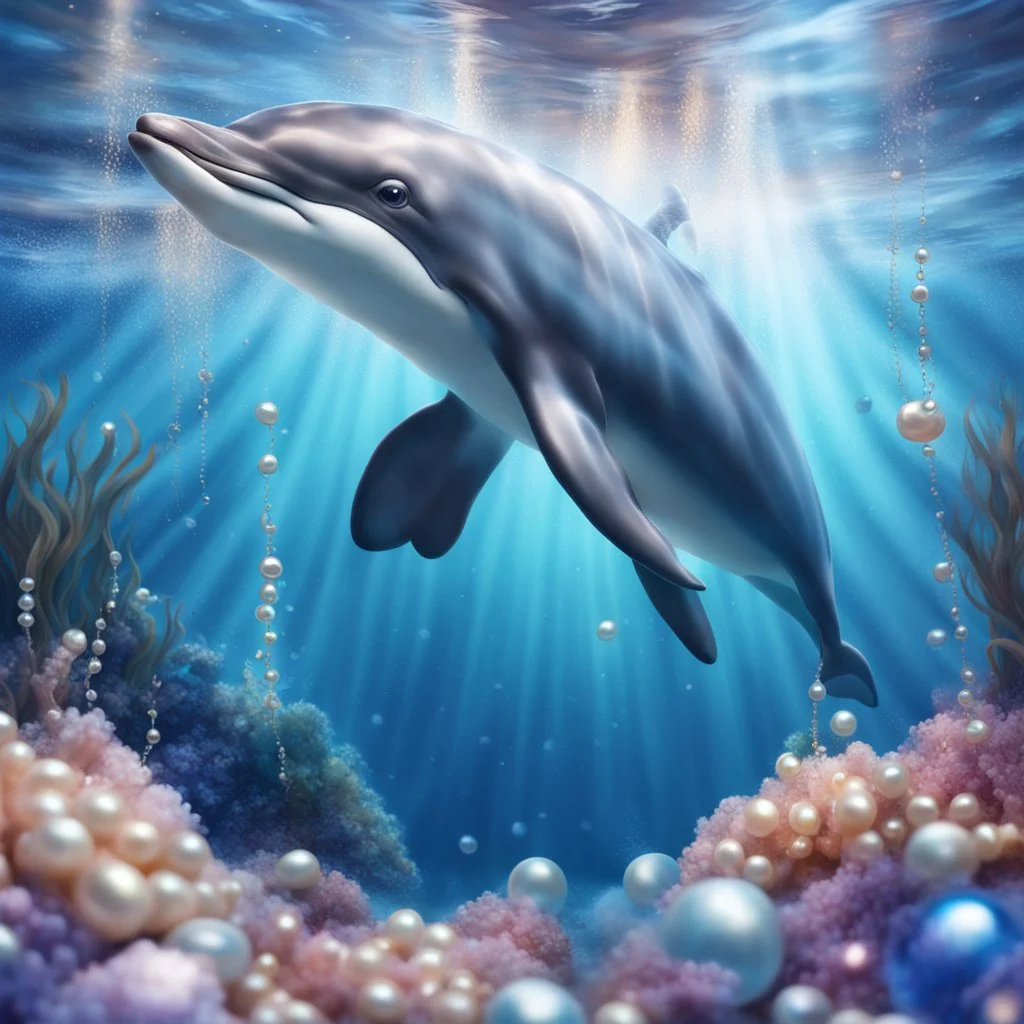 Hyper Realistic Cute Dolphin swimming under the ocean with pearls & crystals under water