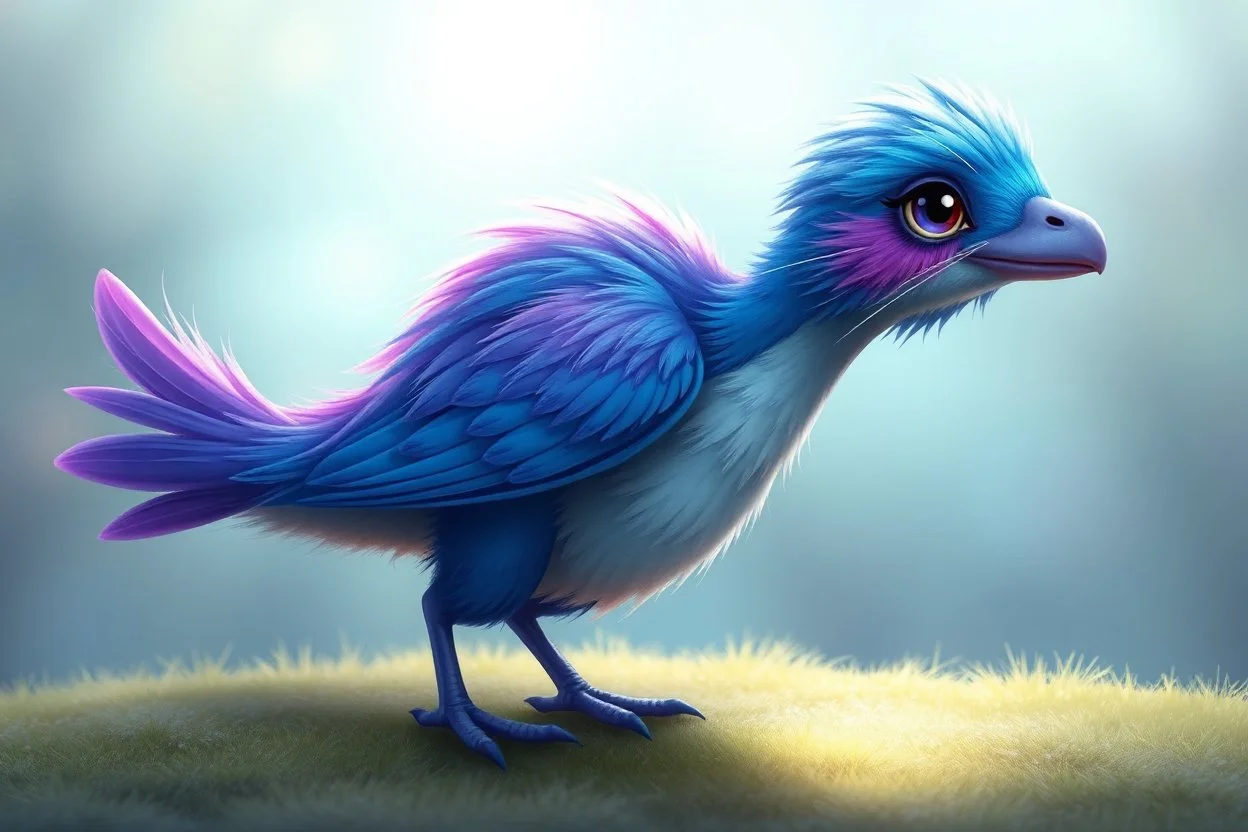 adorable blue and purple bird, elongated like a dino and fluffy like in an dreamlike animation, with a cats face