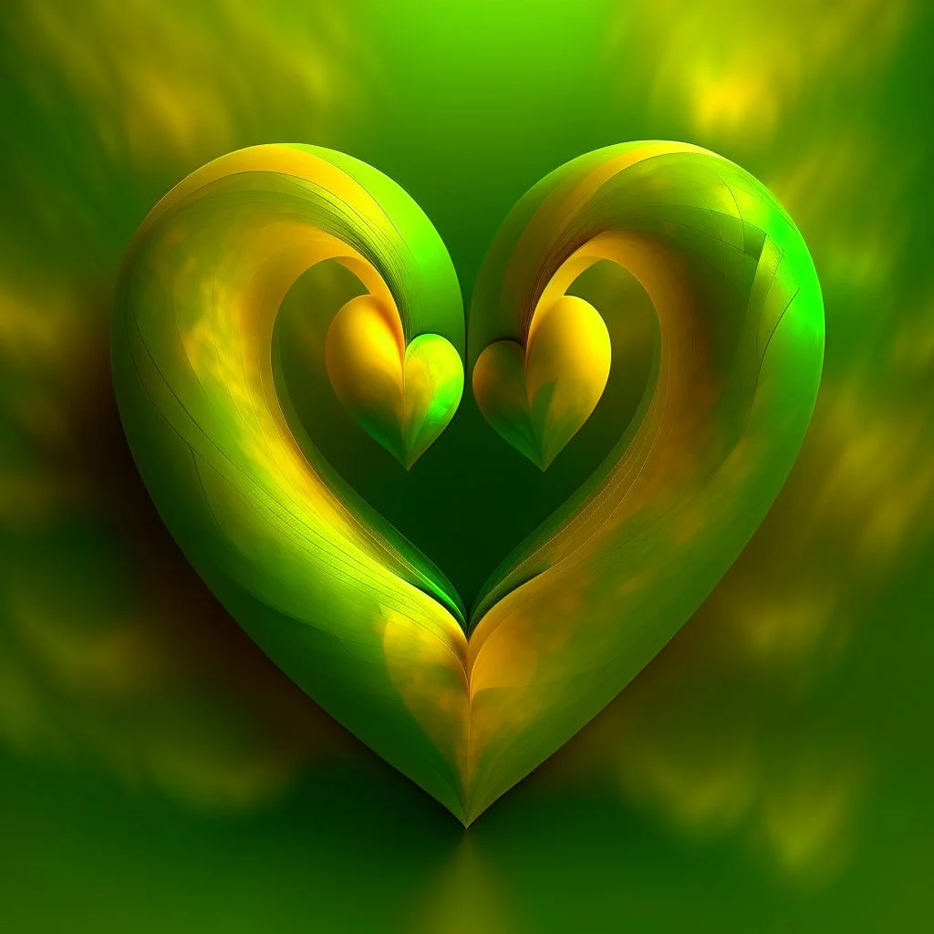 two inseparable hearts, warm green and yellow colours, fantasy atmosphere