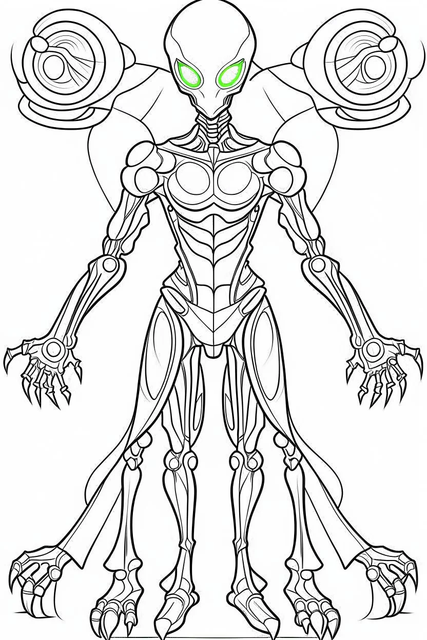 outline art An evolved alien .From Ben 10 cartoon cinematic lighting, high resolution 3D render art coloring pages with witch, white background, Sketch style, full body, use outline, Mandala style, clean line art, white background, no shadows and clear and well