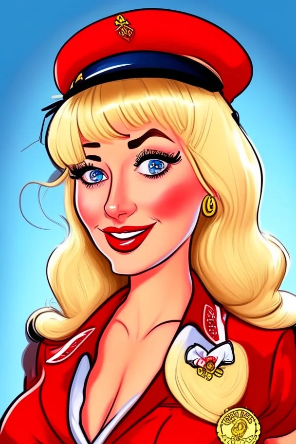 cartoon of a very feminine, sexy European blonde stewardess in uniform with long hair and bangs, strong makeup, big smoky eyes, pouty inviting luscious red lips and large golden earrings