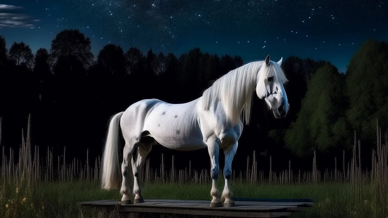 A white horse standing on a wooden platform in a field of tall grass with a dark forest in the background and a starry night sky