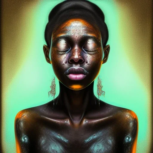 Portrait of a young black woman crying. Tears the colour of oil. Depression seeping out of her eyes nose and mouth like a oil spill