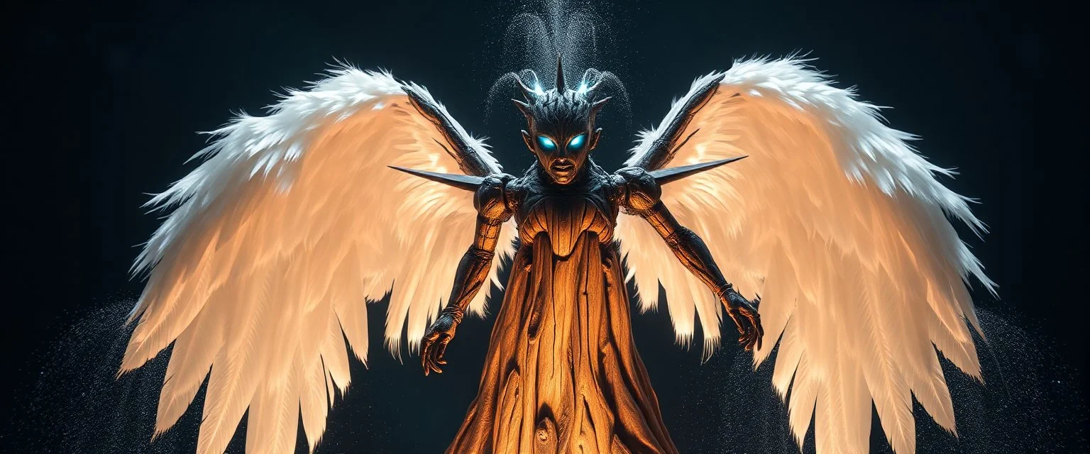 radiant white feather light mirror bounce ancient angelic wooden treant Robot by dark fountain,sonoluminessence