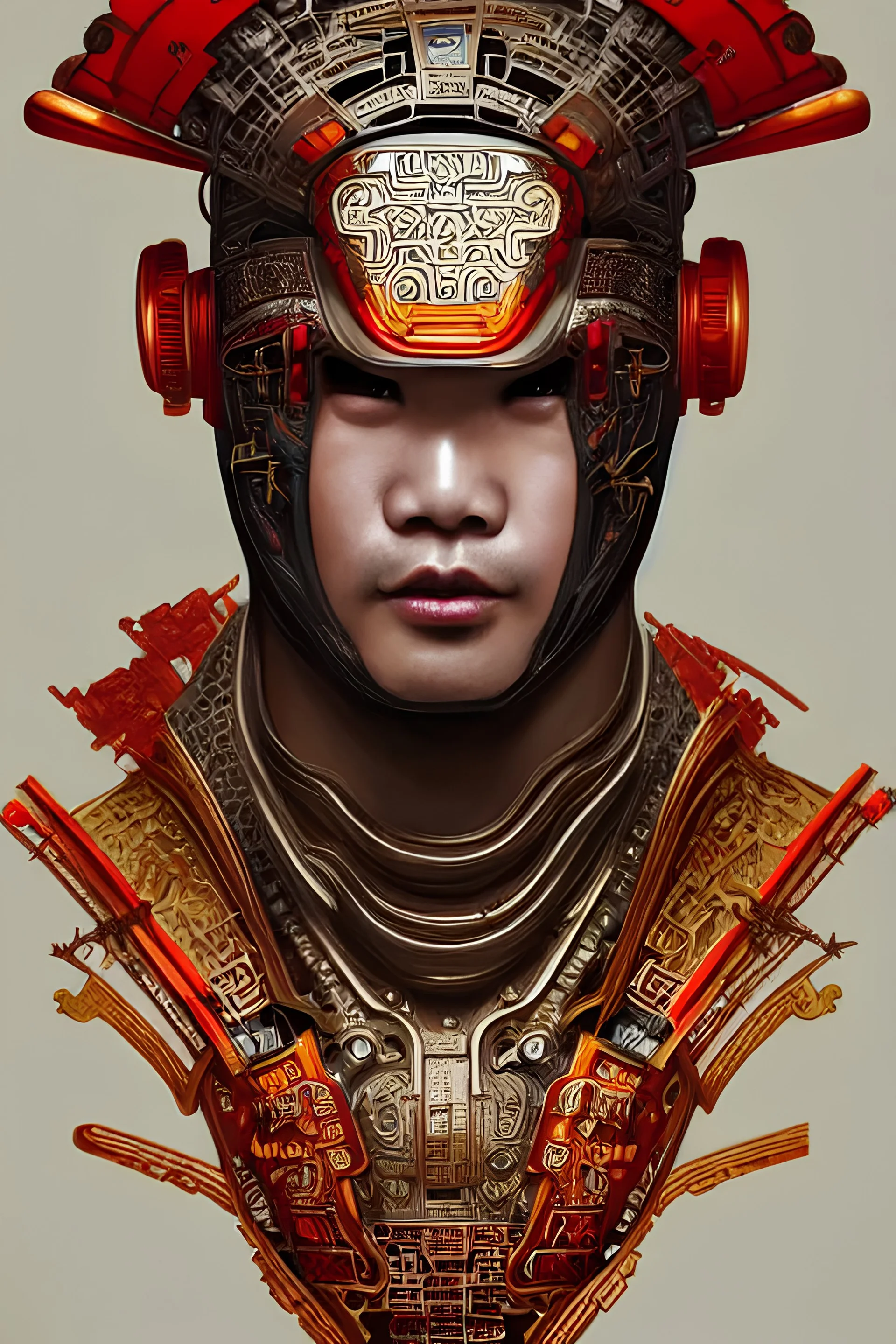 portrait of a chinese masculine male cyberpunk machine, machine face, upper half portrait, decorated with chinese opera motifs, muscular, asian, fine china, wuxia, traditional chinese art, intricate intense elegant, highly detailed symmetry headpiece digital painting artstation concept art smooth sharp focus illustration, art by artgerm and greg rutkowski alphonse mucha 8 k