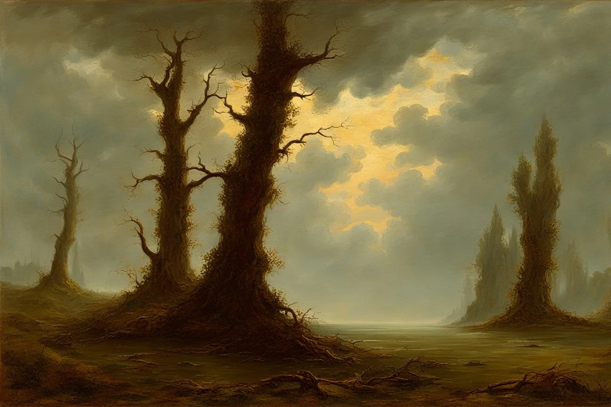 Trees, clouds, gothic horror movies influence, friedrich eckenfelder impressionism painting