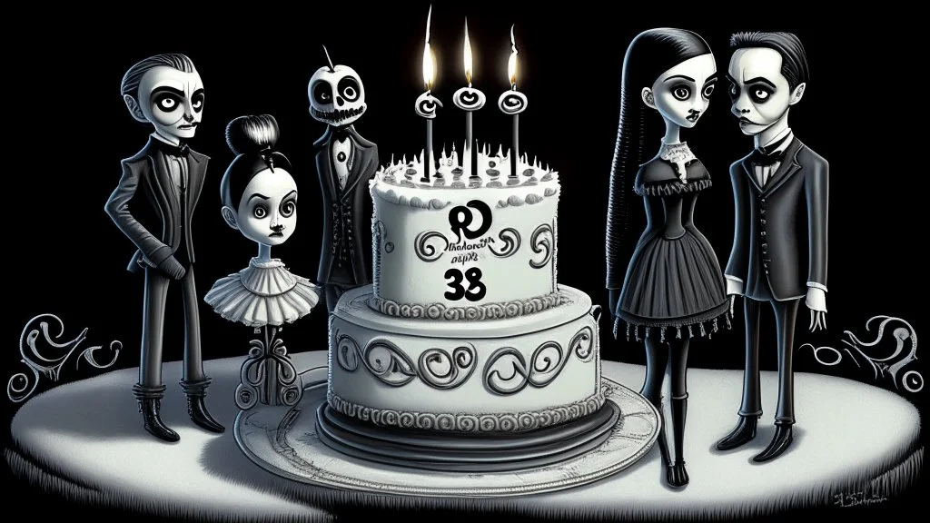 draw a birthday cake with logo number 23 or one candle 23 .Insanely detailed Addams Family movie still with Barbie dolls, art by tim burton